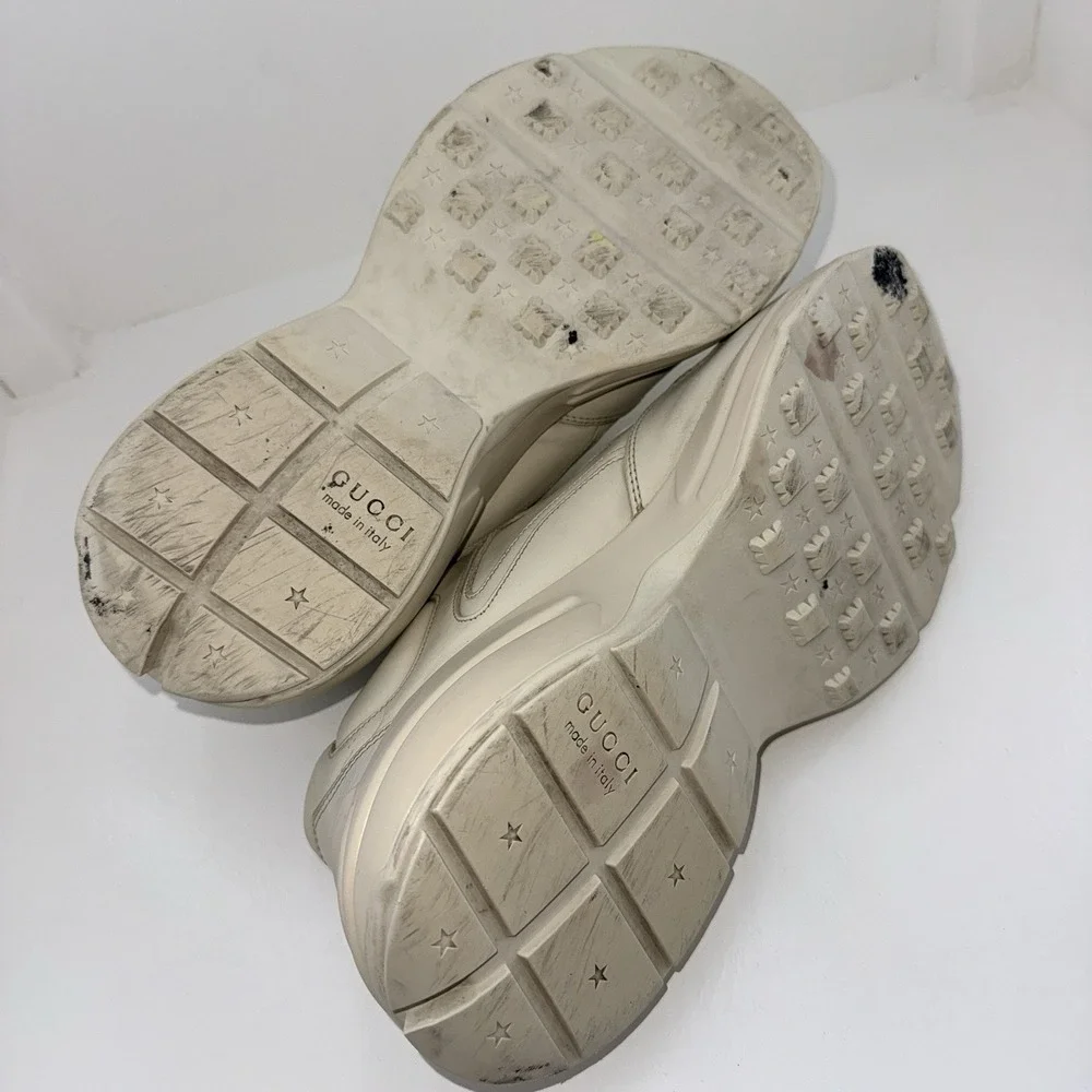 Gucci Rhyton Web Print Leather Sneakers Mens 9.5G US10 EU43.5 Ivory 523535 Italy